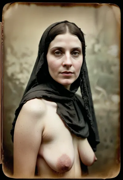 woman, w, (19th century vintage pre-Civil War photograph), 1.7, tintype, dry plate, grainy, real, (best quality, fine detail, highres, 8k wallpaper), 0.3, masterpiece, old timey Daguerreotype, salt print, found photo, grainy and crackled, intricate, highly detailed, photo-realistic, (text_AnalogFilm768-BW-Tintype), 1.8, 1920s, British, thin face, (goth), age 18, eyes wide open, (wearing hat), e, serious, dressed in torn and filthy white cotton rags, (exposed breasts), text_rcrumb-portraits-style, <lora:sagging-000015:1>, <lora:happy:.5>