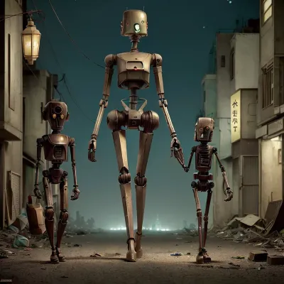 woman, a cute tall robot walks along a dark deserted street, he is sad and a little scared, on a string the robot is pulling a toy car, evening, the light of broken lanterns, garbage, destroyed buildings., droid, robot, <lora:Droid V2:.5>