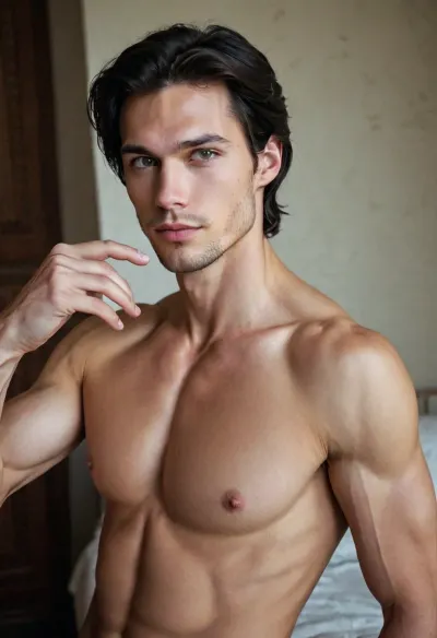 The young adult man was alone in his room when he took a selfie with a beautiful woman with long black hair. He couldn't help but feel attracted to her and decided to take a selfie of them. As they snapped the photo, they exchanged smiles