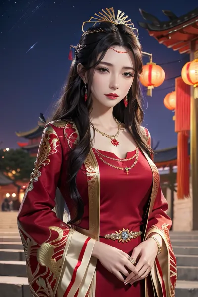 A fêmea madura, vestida com um vestido vermelho longo com mangas largas e uma faixa, ficou na frente da paisagem urbana, olhando para o espectador com olhos azuis marcantes. Ela tinha um brinco em sua orelha esquerda e seu cabelo estilo em um