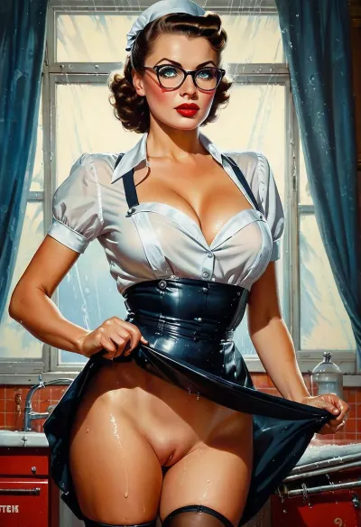 The poster features a stunning Housemaid with big text on poster, a gorgeous curvy body, and big tits. She is wearing a skimpy red skirtlift that showcases her curves. The photorealism of the artwork is evident in the