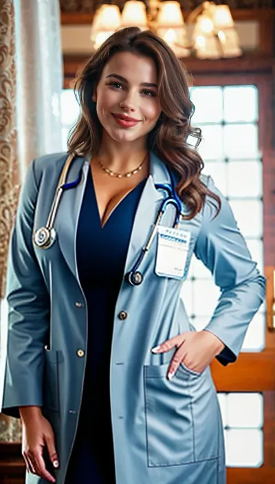 The young adult girl with big tits, brown hair, and big lips was a medical doctor. She smiled full body in a frame with her picture