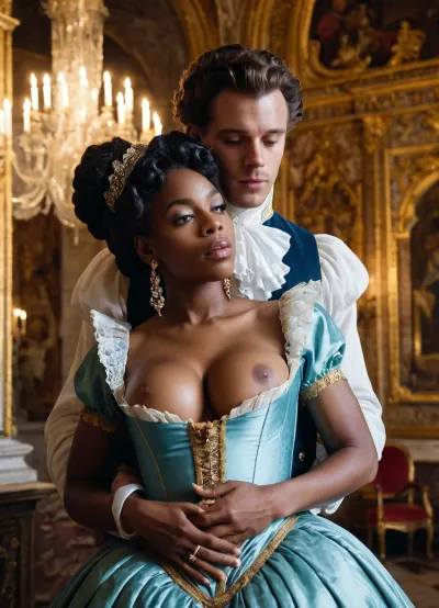 Die junge Frau in der Rococo-Periode wurde in einem schwarzen Kleid mit ihren riesigen Titten bekleidet und sie wurde von einem weißen Mann mit einem Schwanz ausgesaugt. Der Schwanz des Mannes war aus seiner Hose, und er war unten hängend