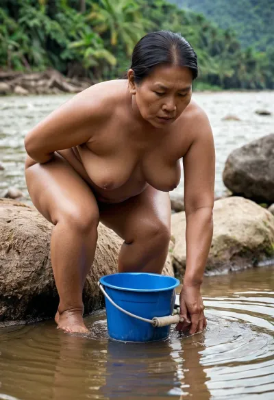 A middle-aged fat village woman with a full build is on all fours and scooping water from the river with a bucket, adoring look