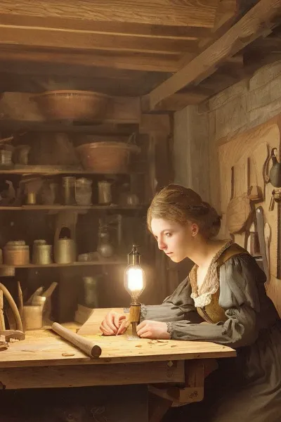 Die Frau in der traditionellen 1800er Holzbearbeitungserei war im Gedanken verloren, als sie an einem neuen Möbelstück arbeitete. Sie war inspiriert von der Renaissance-Beleuchtung und wurde entschlossen, etwas zu schaffen, das die Essenz dieser Zeit einfangen würde. Wie