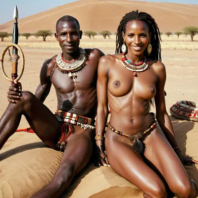woman, full body picture, very tall, very skinny, African Masai tribe woman fucking with tribe man, traditional accessories adorned on nude body, lying on back, ebony skin, natural perky boobs, seductive smile, desert field, hairy pussy, legs wide open, sex with young tribal warrior, very large penis, amateuranal, missionaryanal, <lora:amateuranal:.5>