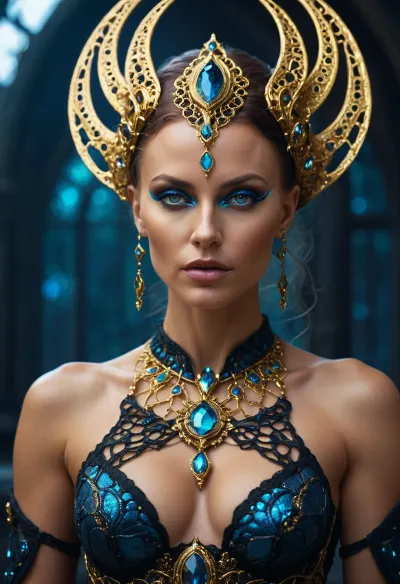 dark fantasy, Alien Nordic woman from venus and norway, captivating, in vibrant jewels.... Her accessories include high tech quantum neural lace and glowing gold plasma body sheath, (full body view), eyes glowing, bokeh, lens flres, fisheye lens, perfect composition, beautiful detailed intricate insanely detailed octane render trending on artstation, 8 k artistic photography, photorealistic concept art, soft natural volumetric cinematic perfect light, chiaroscuro, award, winning photograph, masterpiece, <lora:dark_fantasy_art:.5>