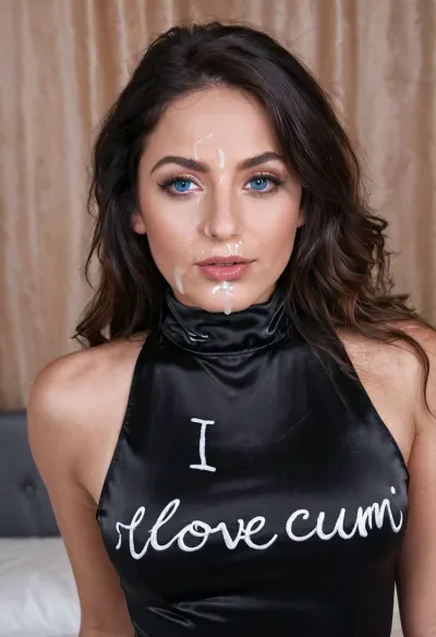 Close up of Beautiful woman 25 years old, orgasm expression, e sexy ass, Middle Eastern/Indian, supermodel, detailed face, long black wavy hair, hair, ((black satin high neck top with 'i love cum' written in white on the front)), beautiful face, sexy, beautiful, high resolution, blue eyes, textured skin, perfect lighting, sweat, fair skin, young, 30 years old, perfect body, highlydetailedbody, realisticface, highlydetailedhair, insanelydetailed, 8K.highdetailedskin, highresolution, perfectfingers, facial, breasts, stomach, covered, in, perfect, woman, cum, on, face, <lora:Facials:.5>, <lora:JustCum:.5>