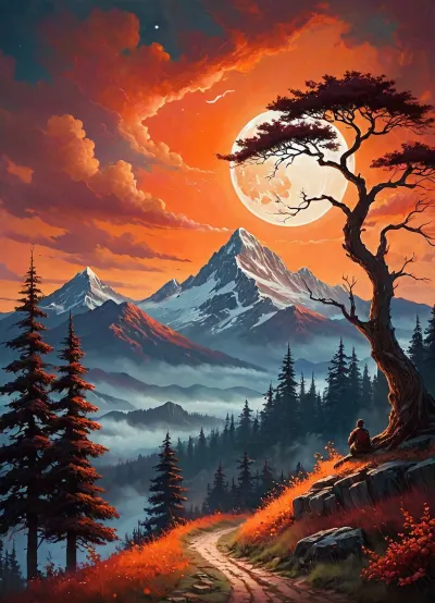 the image presents a surrealistic landscape scene. dominating the background is a large mountain, adorned with a red orange hue that transitions into deep orange and brown hues near the peak. the mountain's top is capped with a red light, adding an eerie glow to the scene. in the foreground, there's a tree with gnarled branches reaching out towards the sky, reminiscent of a bony hand. this tree appears to be made of black lines against a backdrop of red orange clouds. above, the night sky is visible, with the moon casting a soft white light. despite being set at night, the colors and lighting give the scene a dreamy and ethereal quality., romantic impressionism, dream scenery art, beautiful oil matte painting, romantic, style of thomas kinkade, beautiful digital painting, anime landscape, romantic painting, thomas kinkade style painting, dreamlike digital painting, colorful painting, beautiful gorgeous digital art, style thomas kinkade