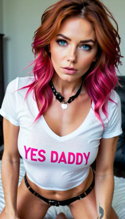 woman, ((25yo model on her knees)), red hair, ((skinny face)), ((long messy after sex hair frames her face)), tousled hair, blue eyes, skinny, perfect body, perfect breasts, ((slave collar)), with text 'slut' in rhinestones, pov, looking up at viewer, eye contact, (detailed face:1.3), ((wearing a white t-shirt with the words 'YES DADDY' in pink writing on front)), surprised, black panties, <lora:texta:.8>