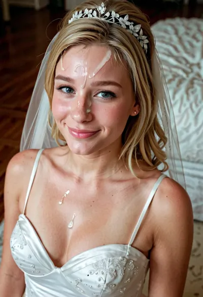 Женщина в ее 18-м году, с светлыми волосами и свадебным платьем, была изображена как счастливая и покрыта тминкой