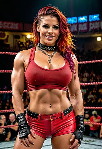 La foto ultradetallada y de la mejor calidad del punk rock ciberpunk brazillian mujer con un gran busto y brazos musculares fue tomada en un anillo de lucha. Tenía una piel de alta calidad que parecía estar hecha de cuero