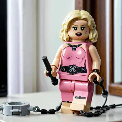 Una foto di una donna bionda che indossa un mini-fig di se stessa con un vestito dominatrice e accessori come fruste, catene e collari