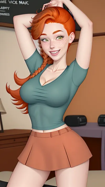 杰西卡,21岁,体操身体,脸颊和鼻子上有雀斑,她穿着性感衬衫,以色情的方式摆着镜头,露出她的露骨