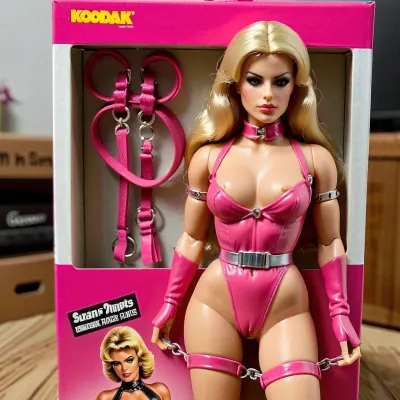 1987 Action figure playset of a bdsm model, unopened packaging, blond hair, middle length hair, included accessories, pink dominatrix outfit, gags, whips, chains, collars, <lora:bdsm_SDXL_1_:.5>, <lora:1987 Action Figure Playset Packaging:.9>