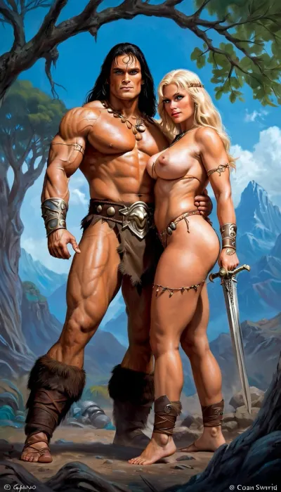 (((Conan is a Cimmerian, a barbarian man with huge muscles, a tall, muscular man with blue eyes, next to him a chubby blonde woman with a gorgeous ass, perfect body proportions, masterpiece, best quality))), (((right hand 5 fingers, left hand 5 fingers))), ((Conan sword, rune symbols, fortress, trees, sky, demons and monsters)), Conan, the, Barbarian, <lora:Conan the Barbarian:.5>, k3nk3lly, <lora:k3nk3lly:.5>, fantasy, <lora:FDXLFantasyStyleV2:.5>, big, tits, ohwx, woman, <lora:SDXL_GigaTits:.5>, <lora:220437_training_data:.5>