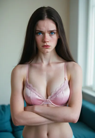 若いロシアの女性、18歳、長い髪とそば、美のピンクのブラジャーを身に着けている、非常に怒っていると怒っている。 彼女は彼女の腕をしっかりと彼女の胸の周りに交差させ、彼女は彼女の携帯電話上の写真で主演しました。 映像は示しました