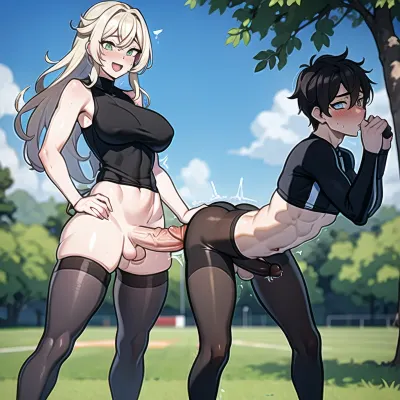 The young adult man was bent over, wearing slutty sports clothing, and the futanari porn woman was behind him. She had a giant cock that went inside his asshole