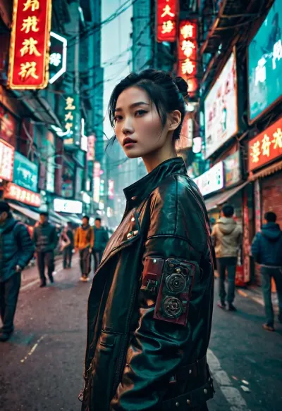 一个20多岁的高大的胆小鬼站在一条繁忙的街道上,周围是高耸的摩天大楼和霓虹灯. 她穿着黑色的长袍 拥抱着她的身材 她的长发连绵