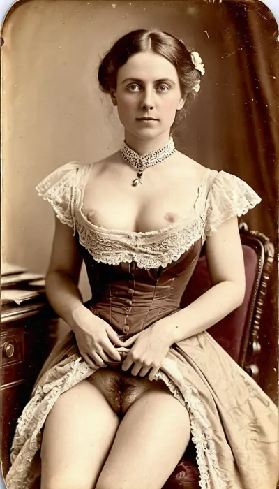 照片里那位女士穿着长裙,拿着一个锡型相机,她用它擦在脸上