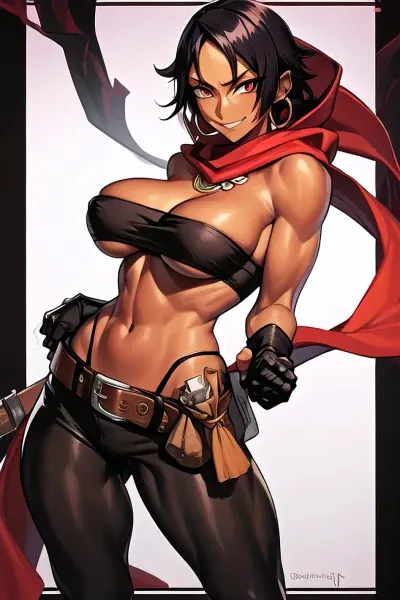 La ladra, con i suoi capelli neri e grandi tette, tiene un coltello in mano mentre entra nel bazar. Indossa un top tubo rosso e guanti senza dita, lunga sciarpa intorno al collo. La sua pelle scura glistens