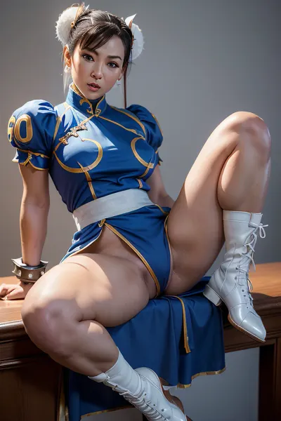 La femme dans l'image porno photoréaliste de l'IA porte une robe Chun-Li avec vue large, gros seins, gros cul, jambe épaisse, vue sur le corps entier, sourire sexy et longue Chun-Li debout. Elle a
