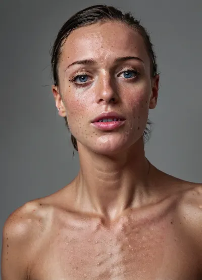 The AI generated a detailed and emotionally charged photo of a nude woman standing in front of a tall masculine androgynous man with angular face, wide mouth, and very fit body. The lighting was key light from the front, while the lighting was