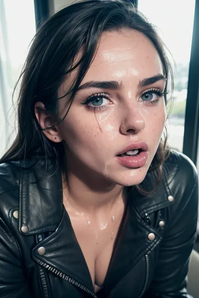 Une jeune femme avec une peau naturelle, des yeux expressifs, des pommettes hautes, des lèvres pleines et une mâchoire définie se tient devant une fenêtre avec sa caméra de téléphone captant tous les détails de la scène