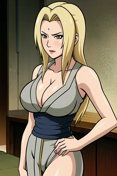 Tsunade, uma estrela pornô de alta qualidade com seios grandes, fêmea madura e lingerie sexy, adorava tirar fotos de si mesma em sua lingerie e compartilhá-los com seus fãs. Seu cabelo loiro sempre foi decorado perfeitamente, e ela tinha