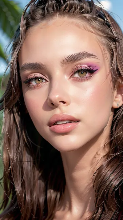 La mujer en la foto está usando un tono amarillo brillante y de pie delante de una hermosa piscina. Sus ojos son brillantes y claros, con la piel perfecta que parece brillar. Ella tiene pelo de cola alta que parece que podría ser real,