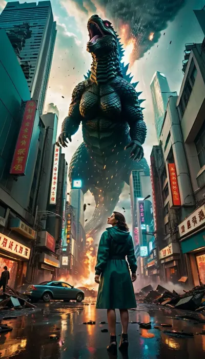A woman stood on the edge of a building, her eyes fixed on the destruction below as Godzilla emerged from the darkness. The camera on her shoulder captured every detail of the scene, including debris falling to earth and lightning bolts striking down around them