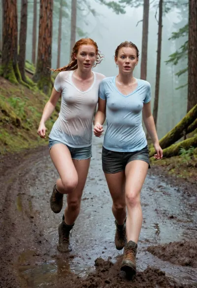 (2young adult young adult young adult young adult girls), 18 years old, ginger, freckles, jump, jump with legs collected, smile, happy, sexy, best quality, photorealism, ice blue eyes, braid over shoulder, wet white t-shirt, wet white s, (dirty with mud), dirty, Mountain shoes, forest, raining, (thick fog), fog, low light, fog day, (fog), (wet:1.4), (dusk), <lora:ahxl_v1:.5>, no, bra, shot from above, braless, Wearing, clothes, that, make, sense, with, Braless>, <lora:bralessSDXL_v1_00022:.5>