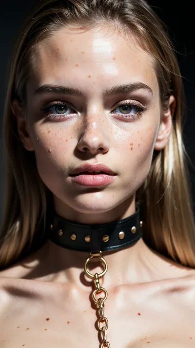 A stunning photo of a beautiful face with big perky perfect breasts, straight smooth hair, pleading look, soft shadows, and a photorealistic skin tone. The freckles on the collar of the neck are perfectly placed and the leashed chain