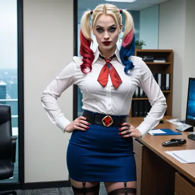 女性 と パーフェクト ボディ と 美しい セクシー slender Harley Quinn tight スカート stood で ザ· オフィス. ハイヒール、高ストッキング、ホワイトボタンアップシャツ、チョーカーネックレス。 メイクは完璧で青い目でした