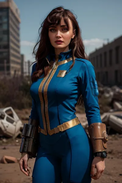 Uma mulher com cabelo longo e uma pancada usando um fato de abóbada com pipboy3000 na parte de trás, em pé em uma cidade arruinada, profissionalmente colorida, melhor qualidade, 4k hiper realista bokeh AI gerou a imagem de si mesma com seu número 33