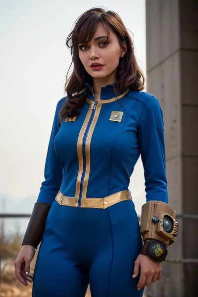 लंबे बाल और एक काले बैंग्स वाली महिला, जो पीठ पर पिपबॉय 3000 के साथ एक वॉल्टसूट पहनती है, पीछे की दीवार पर एक अति विस्तृत संख्या 33 के सामने खड़ा है।