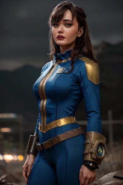 A mulher na foto tinha cabelo preto longo, um fato de abóbada com pipboy 3000 na parte de trás, e estava usando um fato de abóbada com pipboy 3000 na parte de trás. Ela ficou em uma cidade arruinada com alta qualidade fotografia profissional e um