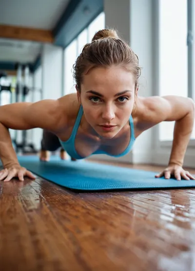 Женщина в тренажерном зале делает отжимания на коврике йоги, с ее соски видны и ее мокрая кожа увядает. Она наклонена вверх, показывая свое идеальное тело к камере. Высокое качество изображения делает