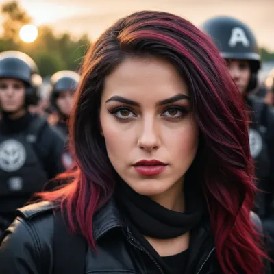 Die Frau war eine heftige Antifa-Aktivistin mit ihrem kurzen Haar und ihrem heftigen Ausdruck. Sie trug ein schwarzes Hemd mit den Worten "No Hate" darauf geschrieben, und ihr Gesicht wurde in hellen Farben gemalt. Sie hielt ein Zeichen, das lesen 