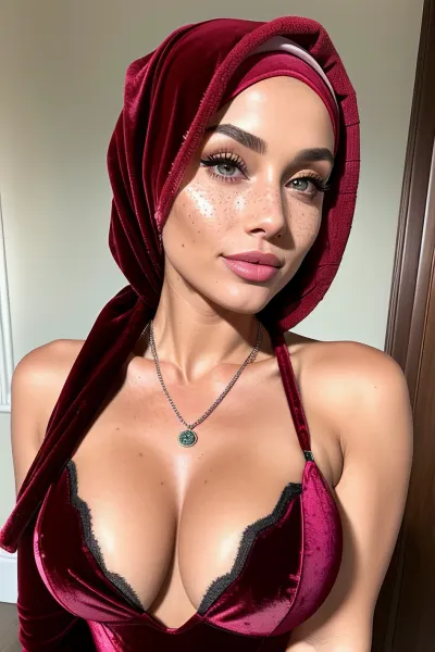 An AI-generated 8k resolution masterpiece showcased a stunning 22 year old girl with a velvet hijab and a big breasts. The photo had ultra highres, intricate detail, professional photography, and beautiful freckles scattered across her cheeks