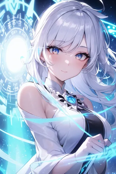 The high-detailed solo goddess soul with luminescent white hair and tight neon body stood atop a ledge in front of a detailed picture, her pearl blue eye focused on the viewer. Perched on a ledge in front of her