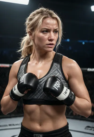 Die Frau in der Kampfarena trug ein festsitzendes MMA-Outfit, mit ihrem blonden Haar in einem hohen Ponytail gebunden. Sie stand im Zentrum des Rings, ihre Fäuste klinierten und bereit zu kämpfen. Ihre Beleuchtung hinter ihr