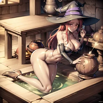 在炼金术实验室里,一个有着完美乳房的性感女巫坐在一个精液浴缸里. 她穿着一种多彩的灌注比基尼的药剂,并将她的下体浸没在药剂中. 炼金术