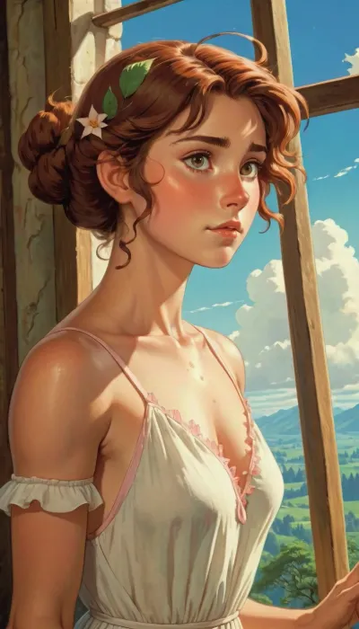 전체 바디 샷과 피부를 가진 21 세의 엘프 여성은 Ghibli-style 판타지 발코니를 묘사하는 AI-generated 유화의 결과입니다