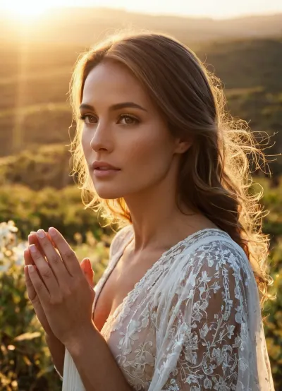 Eine Frau saß in einem ruhigen Raum, umgeben vom Licht eines Bildes von Eden. Sie fühlte ein Gefühl von Frieden und Wunder, als sie die schöne Landschaft sah. Plötzlich hörte sie eine Stimme, die ihr flüsterte: "Mein Kind,
