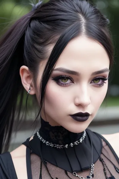 Das Bild zeigte eine schöne Frau mit goth Punk Outfit und Zoom in ihrem Gesicht. Sie hatte perfekte Augen, elegante Frisur und ein perfektes Lächeln. Ihr Make-up war ultra hoch res, gab ihr eine Luft der Raffinesse