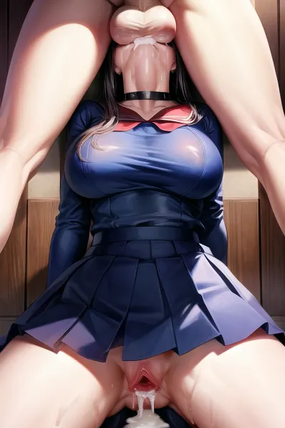 Resimdeki kadın beyaz bir gömlek giyiyor ve ısıtılmış etek, başının üstünden aşağıya diziyor. O, gömleğinin boynuyla görünür olan büyük göğüslere sahiptir ve cleavage boynuyla görünür