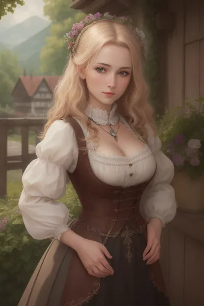 Una donna in un vestito tradizionale bavarese posato con le mani dietro la schiena, indossando un dettaglio molto dettagliato fotorealistico HDR AI generato immagine di se stessa