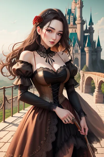 A stunning picture of a princess and cowboy in a castle background, with the best quality shot and perfect attire, creating the perfect atmosphere for love