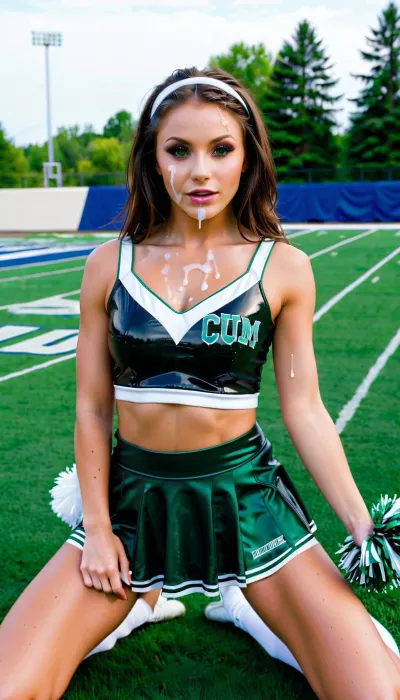 Solo, 1girl, kneeling down on grass looking up at viewer, view from above, masterpiece, (perfect lighting:1.4), (skinny:1.4), (ultra detailed face:1.4), (ultra high detailed cheerleader outfit:1.4), (('Team Cum' written on top)), 8k, (slutty cheerleader outfit in, (black, white, green), , :1.4), (high resolution:1.4), (24 year old cheerleader:1.4), body, 5ft, heavy makeup, Brunette hair, blue eyes, tanned skin, hairband, thigh high socks, (tons of cum:1.4), American Football field, outside, grass, logo, text, sign, that, says, the, word, woman, on, face, bukkake, cum, <lora:facialized:.5>, <lora:texta:.5>, <lora:JustCum:.5>, <lora:MS_Real_XL_Bukkake:.5>